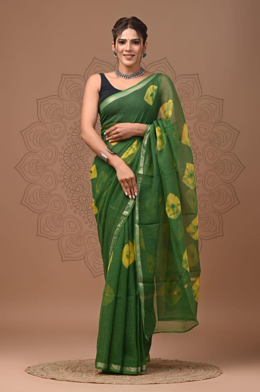 IDAA GREEN YELLOW HAND BLOCK TIE DYE BANDHEJ PATTERN ALL OVER - KOTA DORIA SAREE WITH BLOUSE PIECE