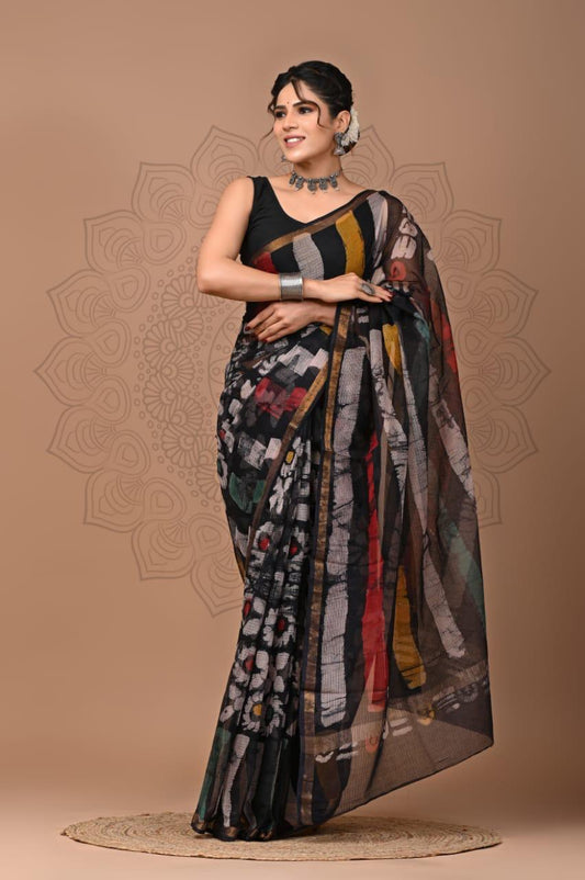 IDAA HAND BLOCK BATIK PATTERN ALL OVER - KOTA DORIA SAREE WITH BLOUSE PIECE