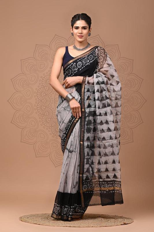 IDAA HAND BLOCK BATIK PATTERN ALL OVER - KOTA DORIA SAREE WITH BLOUSE PIECE