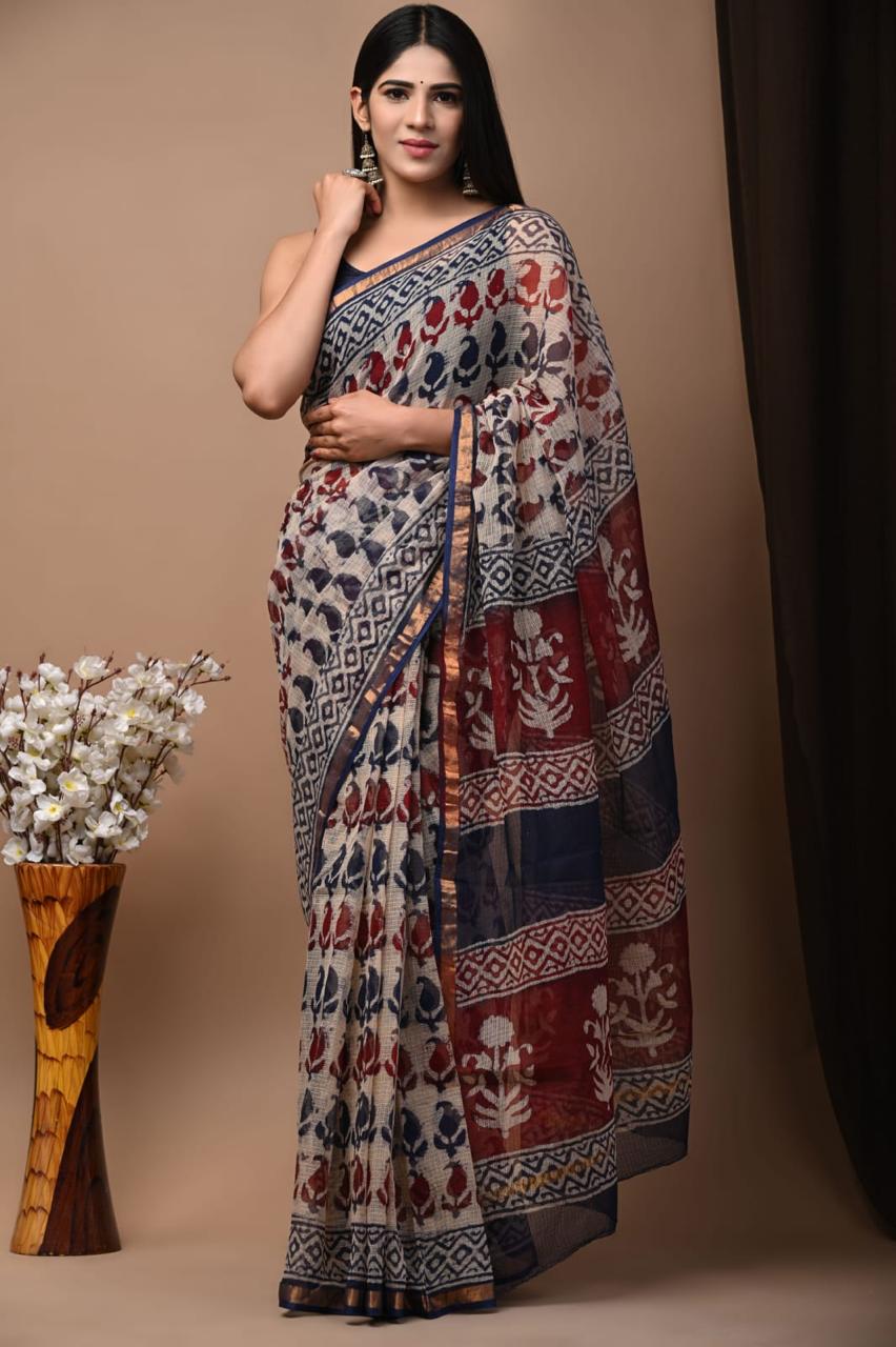 IDAA WHITE BASE PAISLEY HAND BLOCK PRINT KOTA DORIA SAREE WITH BLOUSE PIECE