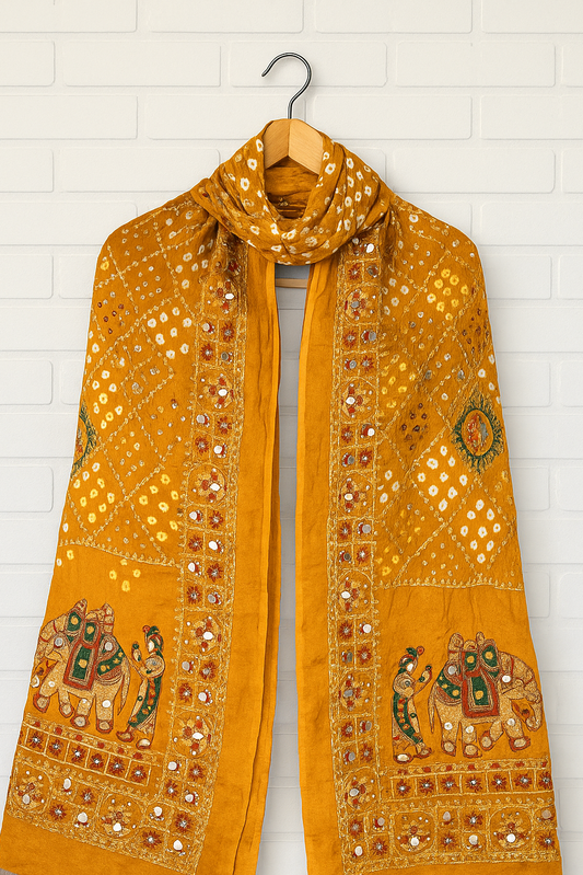 Modal Silk with Bandhini, embroidery and heavy Mirror Work.