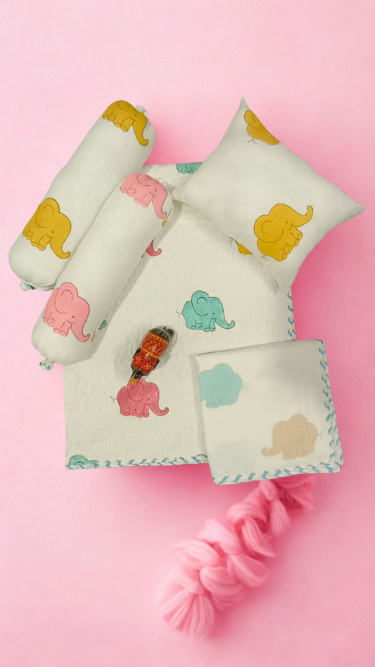 Colourful Elephant Hand Block Printed - Pure Organic Mulmul Baby Bedding