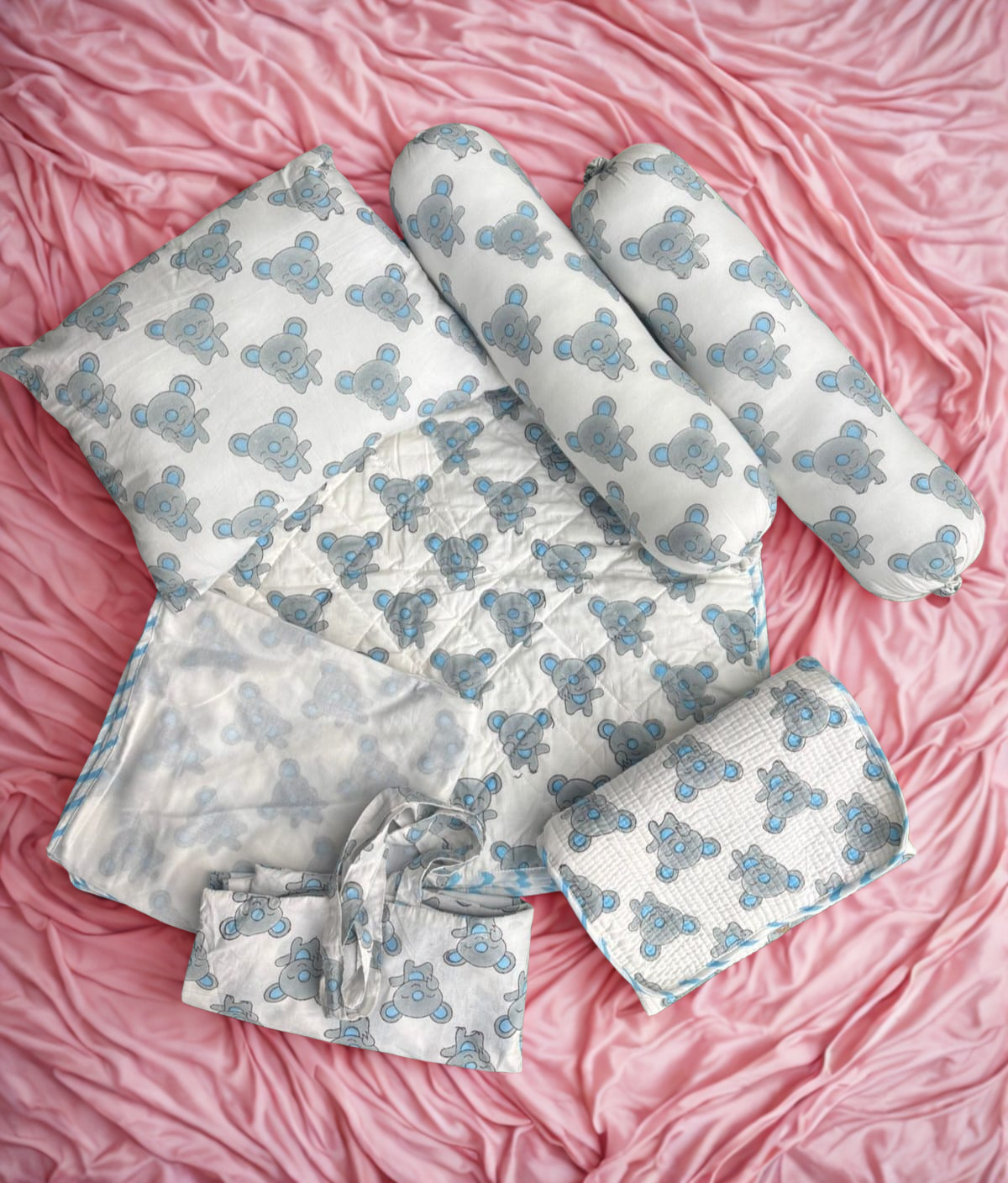 Teddy Bear Handblock Printed - Grey Pure Organic Mulmul Baby Bedding