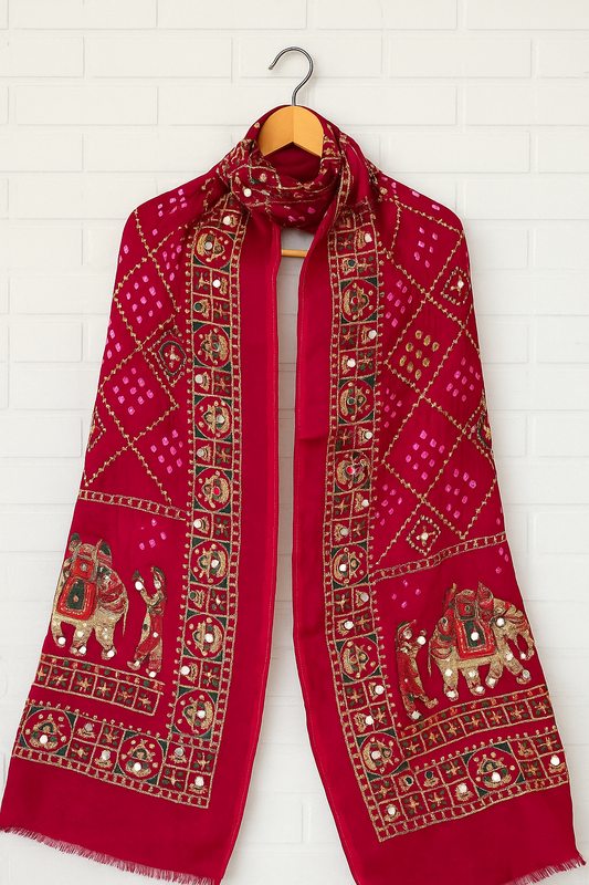 Modal Silk with Bandhini, embroidery and heavy Mirror Work.